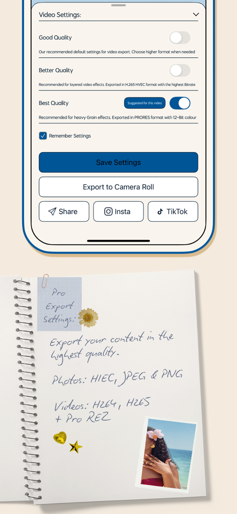 Interface of the Colortone app showing professional video export quality settings and quick share options to Instagram and TikTok