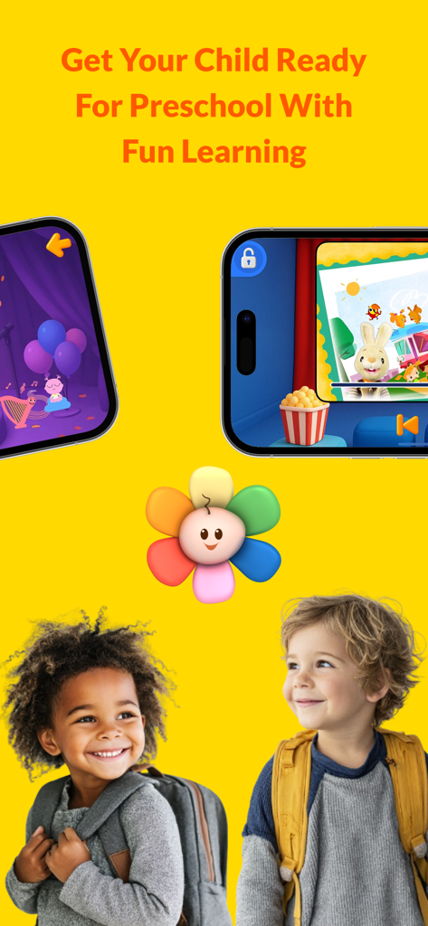 First | Fun Learning for Kids - Dos niños sonrientes con mochilas en una pantalla promocional de la aplicación de aprendizaje divertido First.