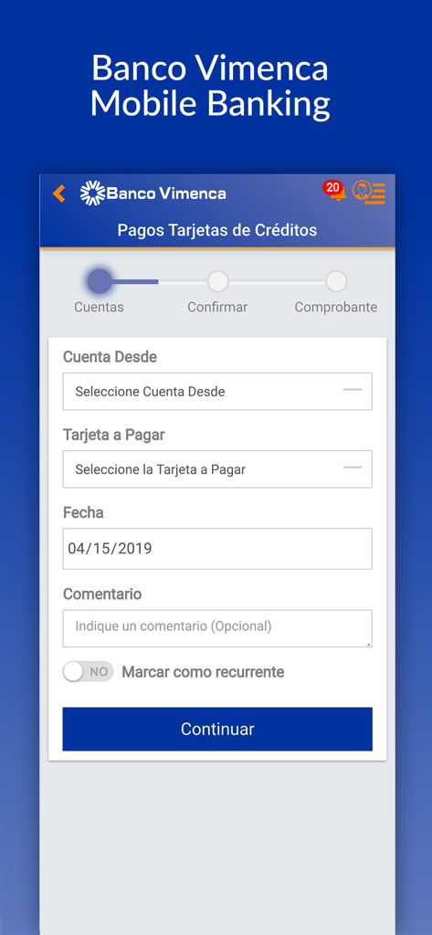 Banco Vimenca mobile banking app credit card payment screen
