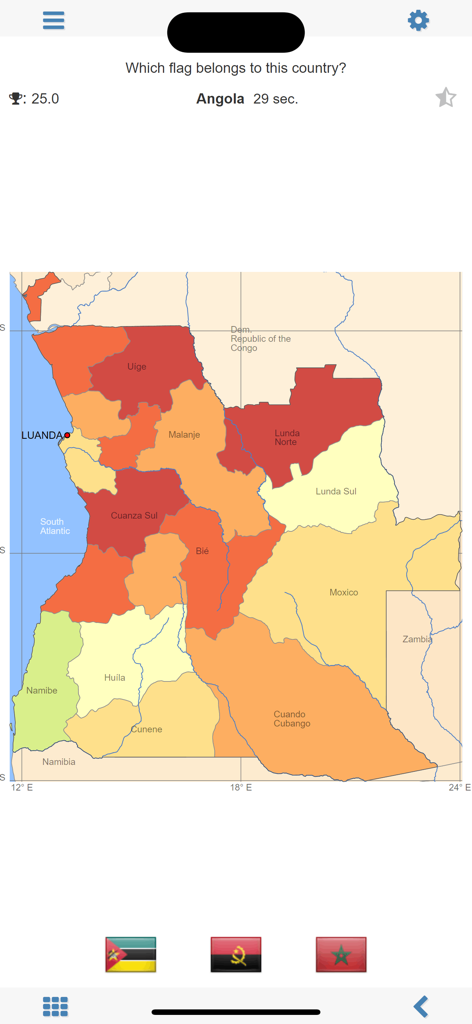 Pantalla de cuestionario de geografía de la aplicación MxGeo pidiendo identificar la bandera de Angola con un mapa que muestra sus provincias