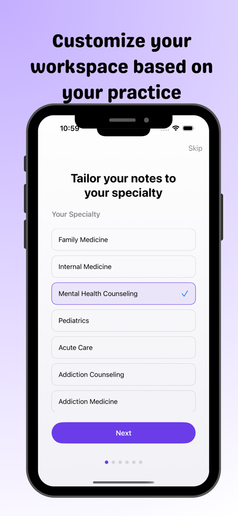AI Clinician Scribe: Rounds AI - Setup screen in the Rounds AI app allowing clinicians to select their medical specialty such as mental health counseling or pediatrics