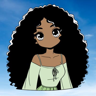 a black anime girl with long afro hair
