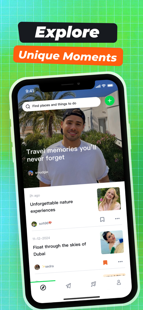 Fiber app interface showing travel journals and social discovery feed with user memories