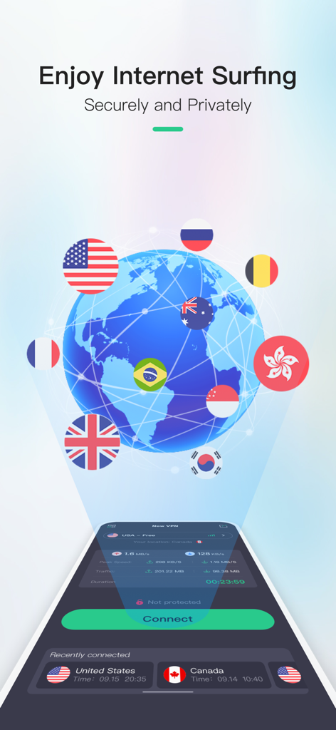 Now VPN app interface showing a smartphone with a connect button and a globe surrounded by national flags