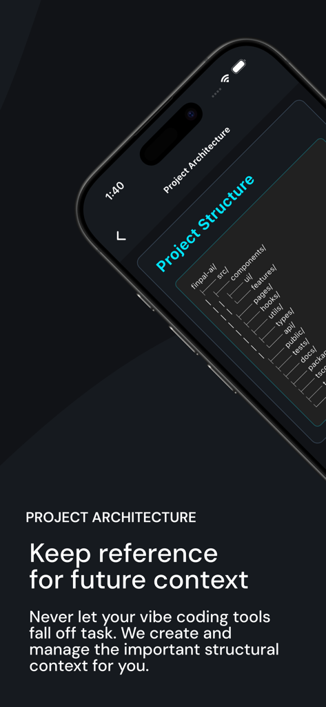 Vibe Coding Toolkit - Captura de tela do aplicativo Vibe Coding Toolkit mostrando a arquitetura do projeto e uma árvore de estrutura de arquivos para desenvolvedores.