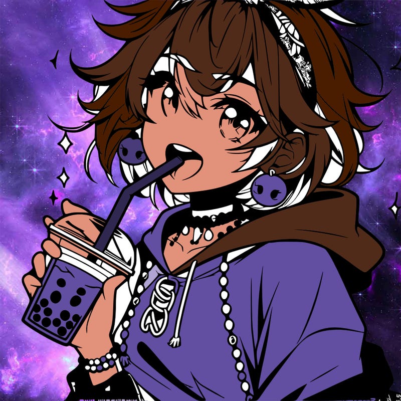 hot baddie anime girl drinking boba and biting the straw