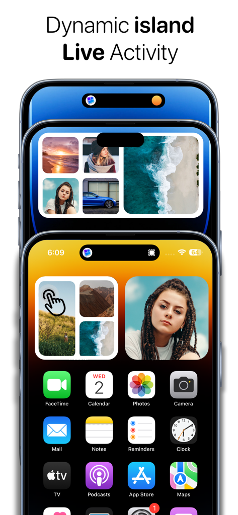 Photo Widget - Picture Collage - iPhone screens displaying photo widgets with dynamic island and live activity features