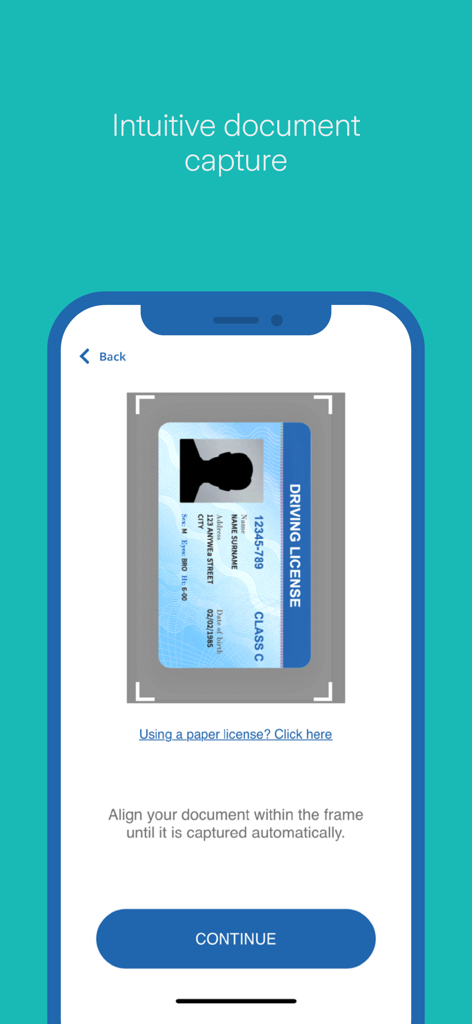 Zurich Verify - Tela do aplicativo móvel Zurich Verify mostrando um processo intuitivo de digitalização e captura de carteira de motorista