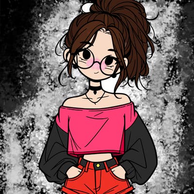 girl with a messy ponytail glasses a baggy crop top and jean shorts