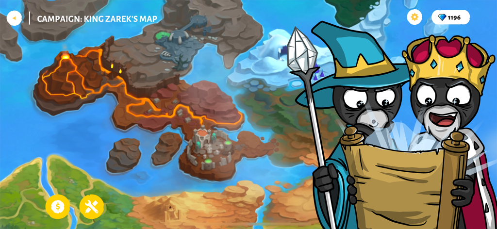 King Zarek and a wizard viewing the Inamorta campaign map in Stick War Saga