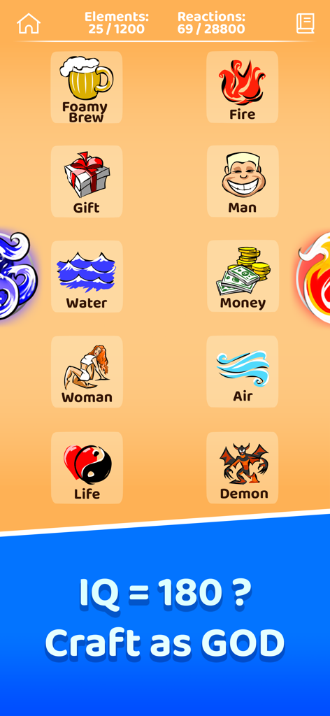 Infinite Craft'er: Alchemy - Tela de jogabilidade Infinite Crafter Alchemy mostrando ícones de elementos como fogo, água e vida