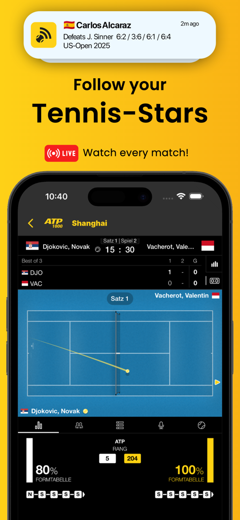 Tennis Fan - ATP / WTA - Tennis Fan mobile app interface showing a live match tracker with ball animation and player statistics
