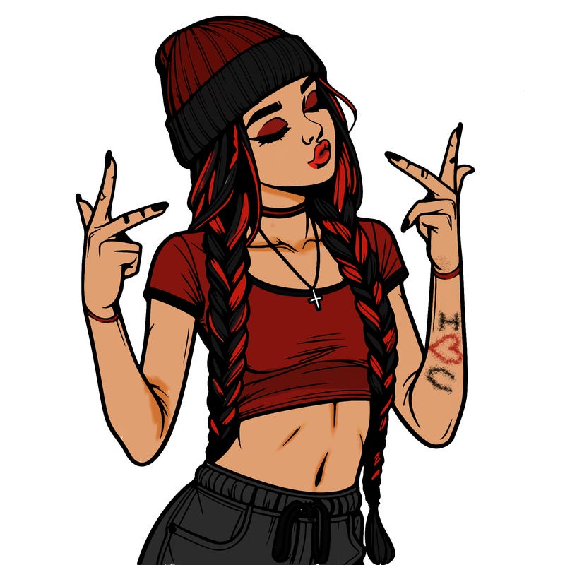 realistic teenage girl with braids and a beanie and crop top doing 🫶🏼