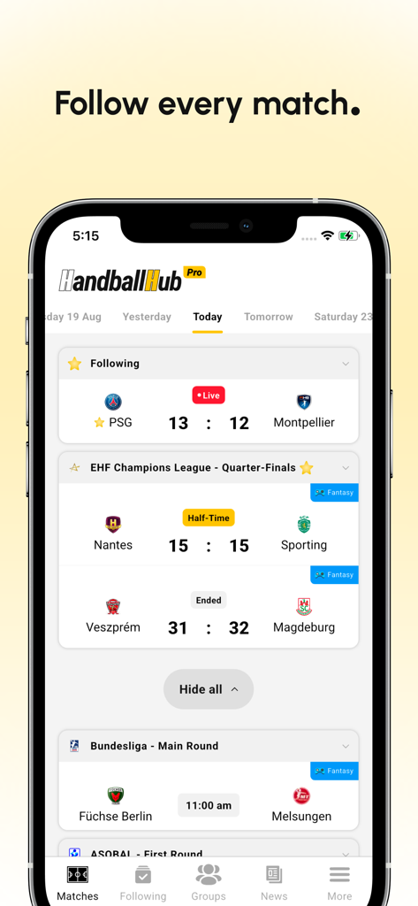 Handball Hub app interface showing live scores match results and scheduled games for various handball leagues