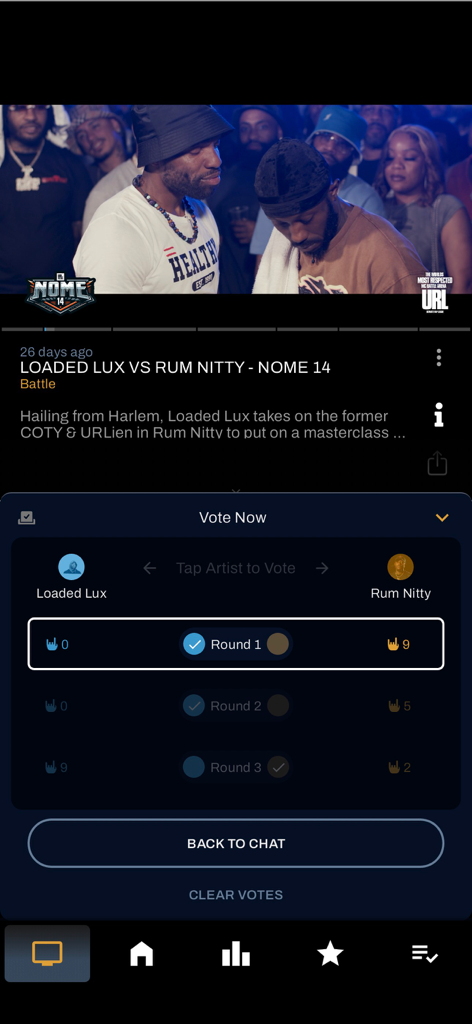 URLTV.TV - The URLTV mobile app interface showing a voting screen for a rap battle between Loaded Lux and Rum Nitty across three rounds