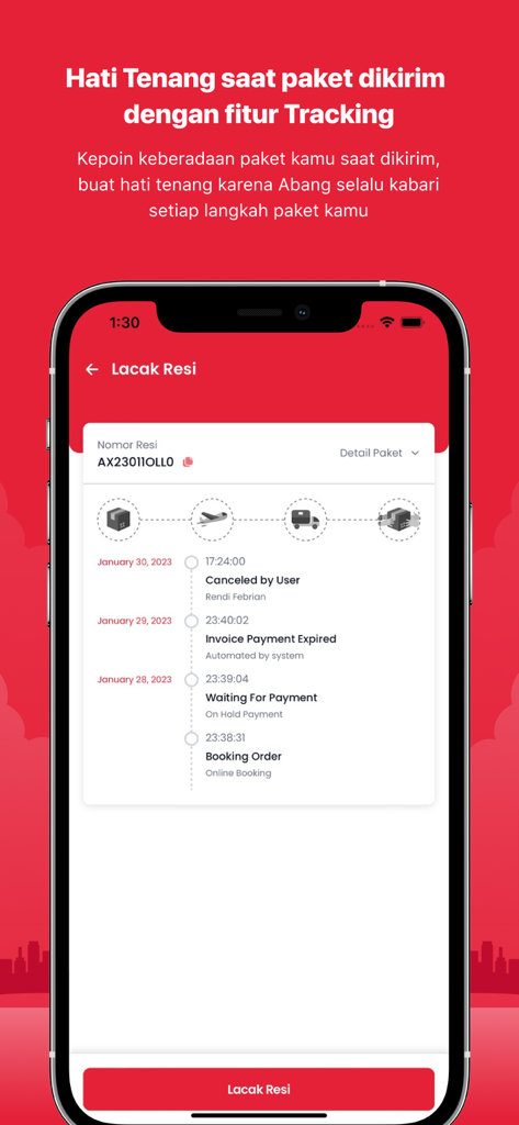 Abang Express - Abang Express mobile app screen showing international package tracking status.