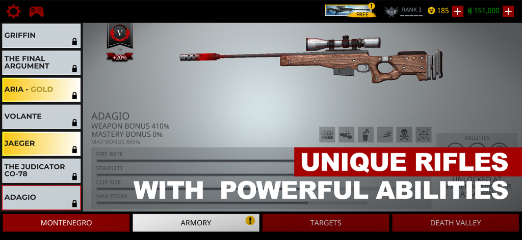 Hitman Sniper - Hitman Sniper-Waffenkammer-Menü mit dem Adagio-Gewehr mit Waffenstatistiken und einer Liste einzigartiger freischaltbarer Gewehre