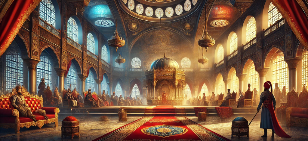 Grand interior of an Ottoman palace throne room with a Sultan on his throne