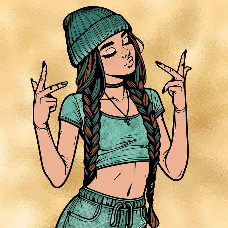 realistic teenage girl with braids and a beanie and crop top doing 🫶🏼