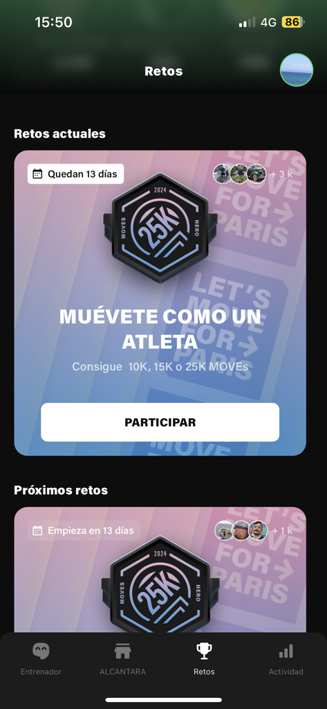 Viding - Viding fitness app screen displaying current and upcoming fitness challenges for members