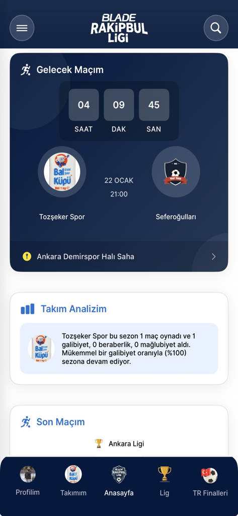 Blade Rakipbul Ligi - Blade Rakipbul Ligi app homepage featuring upcoming match countdown and team stats