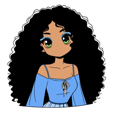 a black anime girl with long afro hair