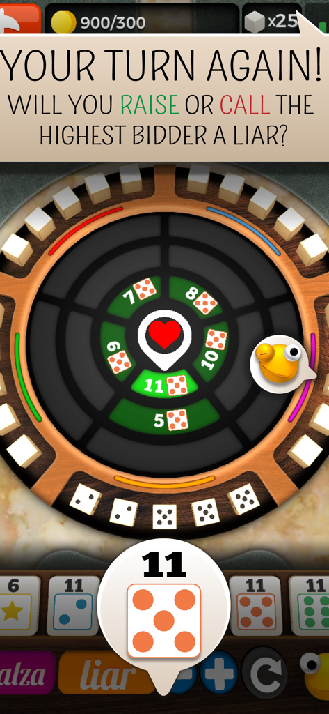 Liars Dice Online Multiplayer - Gameplay screen of Liars Dice Online asking the player to raise or call the bidder a liar.