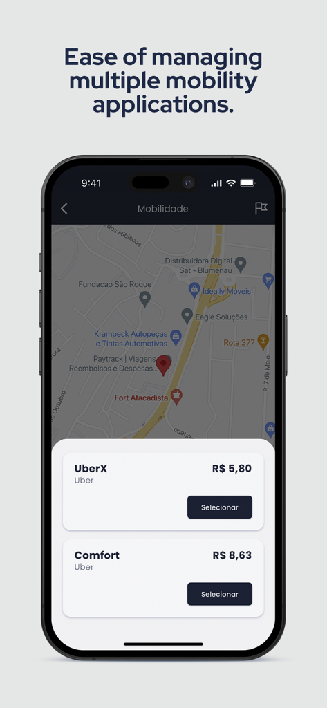Captura de tela do aplicativo Paytrack mostrando gerenciamento de mobilidade com opções de corrida Uber integradas e comparação de preços em um mapa