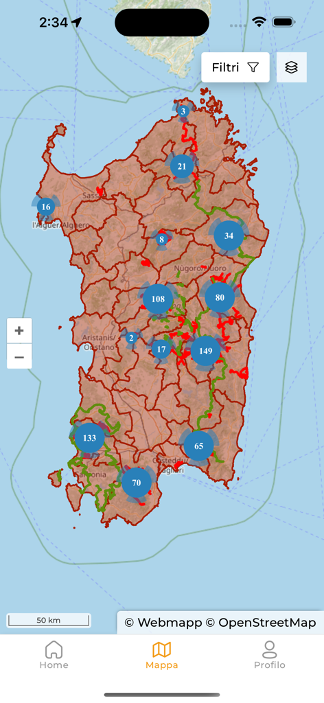 Sardegna Sentieri - An interactive map of Sardinia displaying hiking trails and trekking routes with location clusters