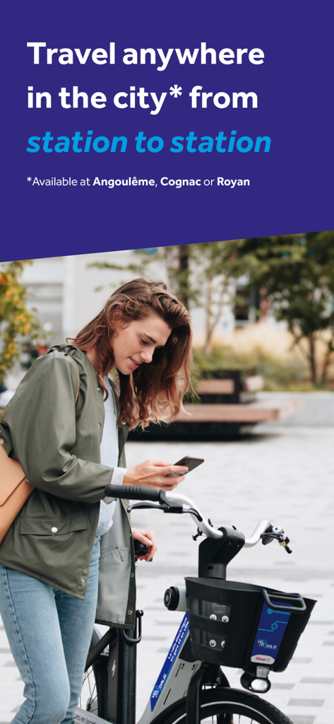 Vélo Modalis - Une femme utilisant son smartphone pour louer un vélo électrique Vélo Modalis en ville