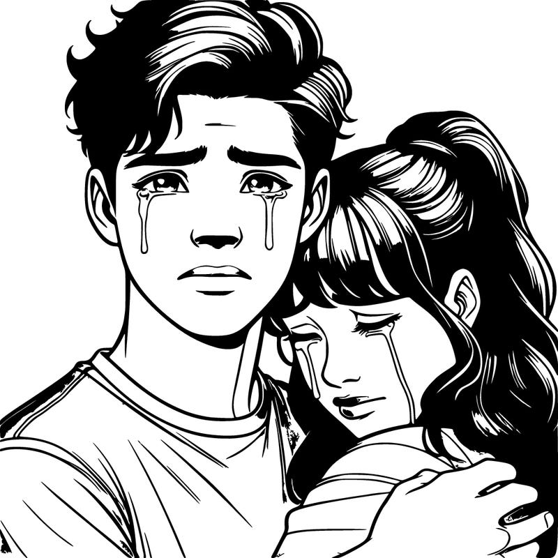 realistic teenage boy and girl hugging with tears in their eyes