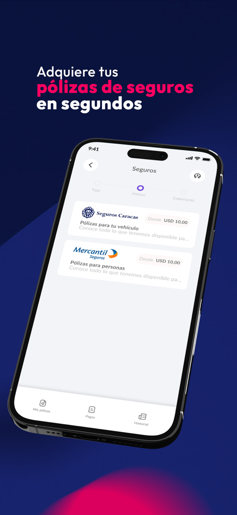 PagoDirecto - Pantalla de smartphone que muestra la interfaz de selección de pólizas de seguro en la aplicación PagoDirecto