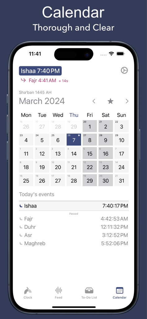 Captura de tela do aplicativo Salaty exibindo um calendário mensal integrado com horários diários de oração e datas islâmicas do Hégira em um iPhone.