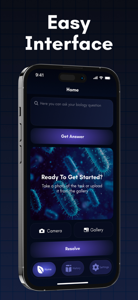 Biology Solver: Answer Helper - Main dashboard of Biology Solver app with an easy interface for typing questions or scanning biology tasks via camera.