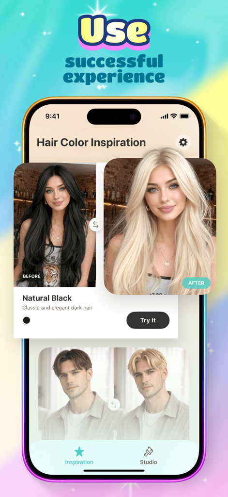 Mosa - Change & Share - Mosa app interface showing before and after hair color transformation examples for virtual try-on