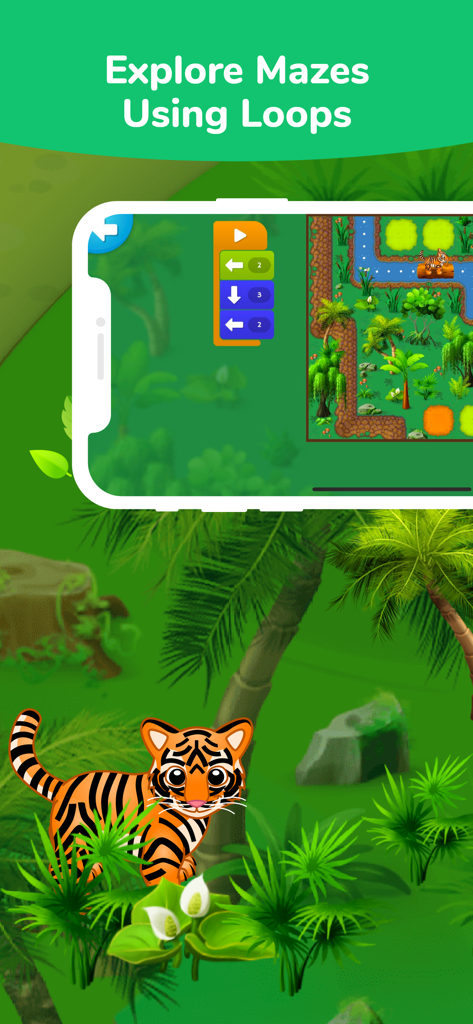 Tynker Junior: Coding for Kids - Una interfaz de codificación para niños que muestra a un personaje de tigre navegando por un laberinto de jungla usando bloques de bucles