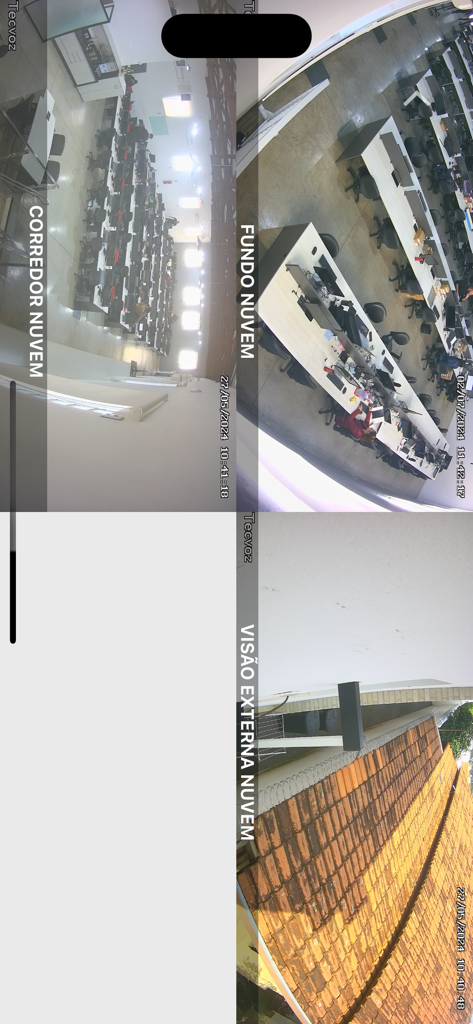 Interface de l'application EasyCam affichant un écran multi-vues avec des flux vidéo en direct de caméras de sécurité de bureau et d'extérieur