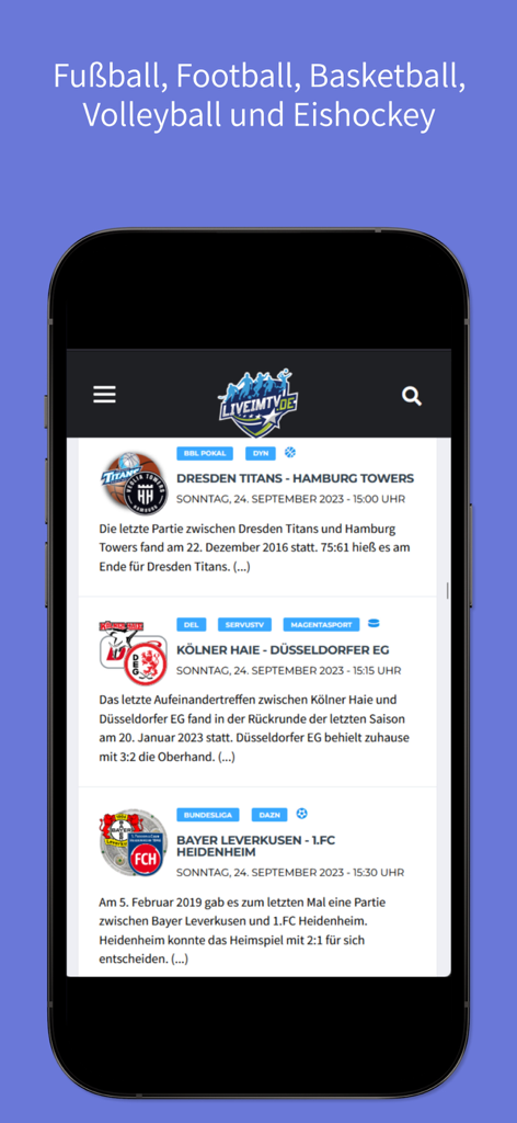 Interface d'application mobile affichant les calendriers sportifs en direct pour le basketball, le hockey sur glace et le football.