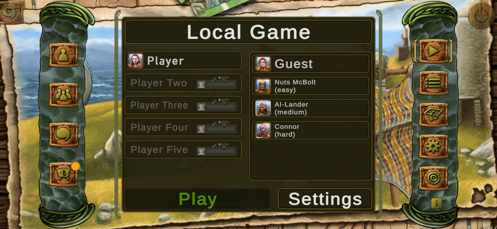 Isle of Skye - Local game setup screen in the Isle of Skye app showing player slots and AI difficulty levels from easy to hard.