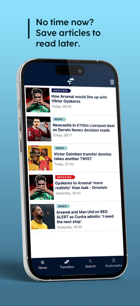 FootballTransfers - FootballTransfers app bookmarks screen showing a list of saved soccer transfer news and articles for later reading