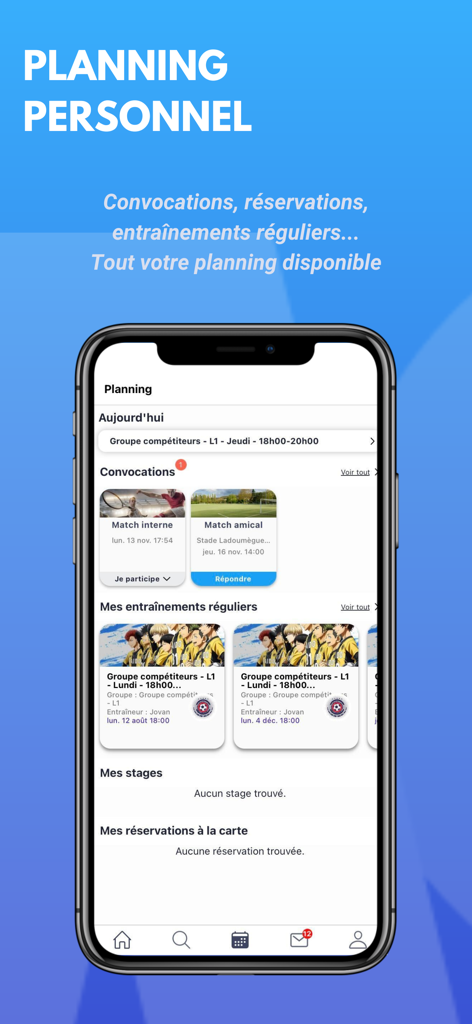 MonClub App - Personal sports schedule in the MonClub app showing training sessions and match invitations.