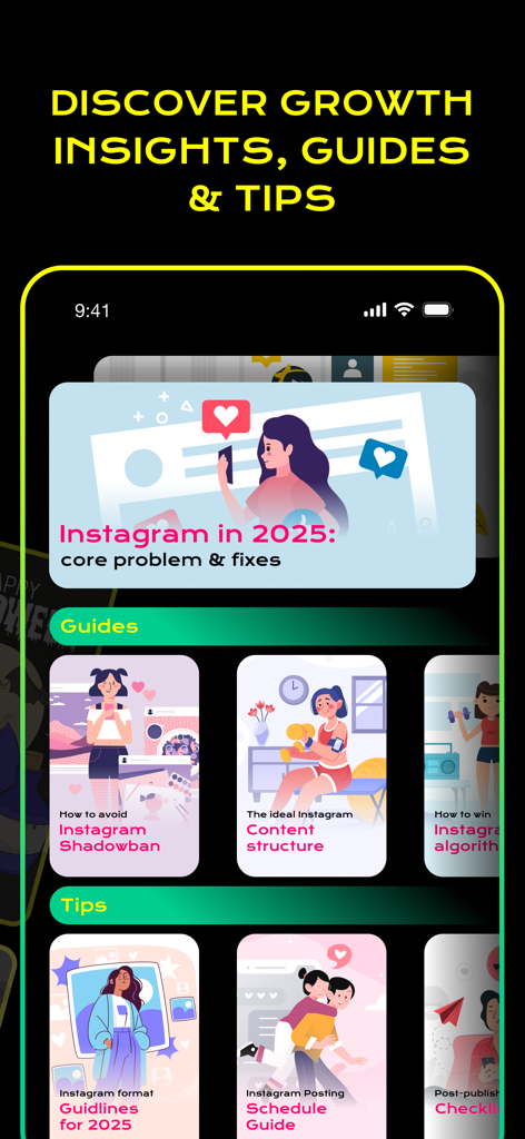Likes for Instagram: iBooster - iBoosterアプリインターフェースに、クリエイター向けのさまざまなInstagram成長ガイド、ヒント、戦略記事が表示されています