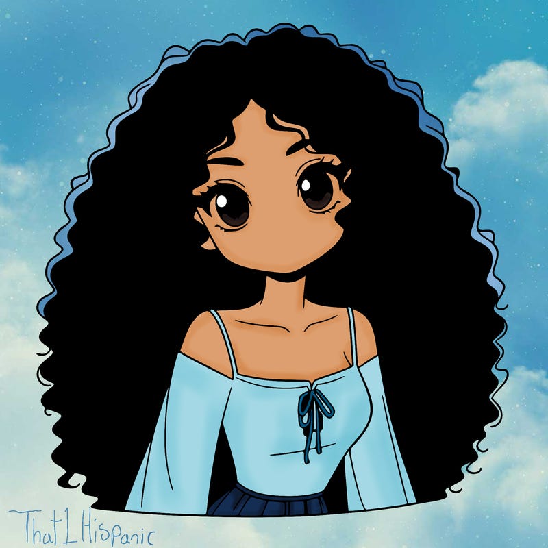 a black anime girl with long afro hair