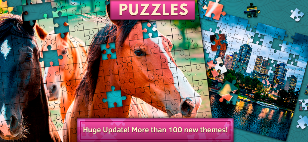 Jigsaw Puzzle App mit Pferde- und Stadt-Puzzles sowie einem Textbanner über neue Themen
