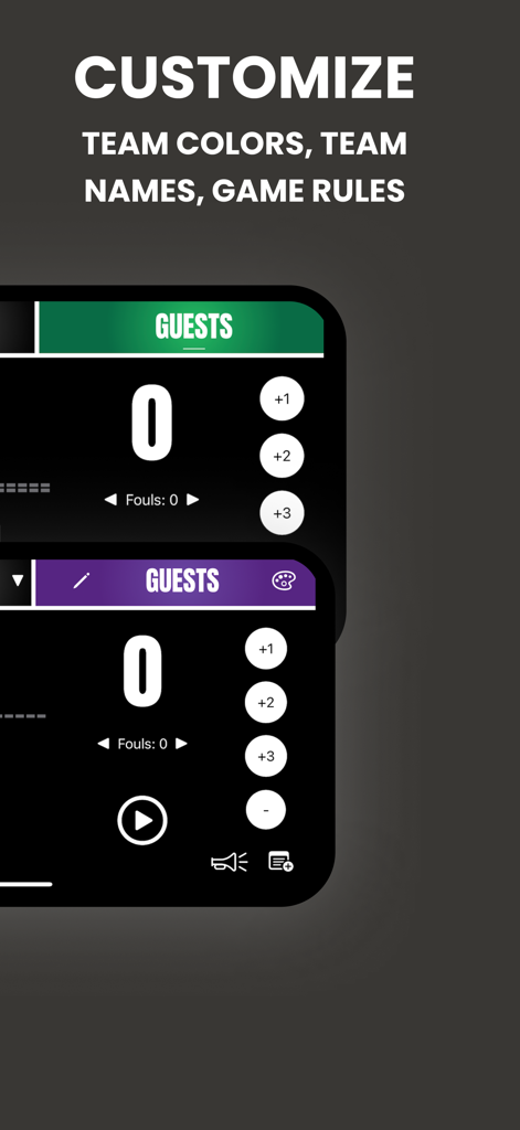 Basketball Scoreboard - HOOP - Interface of the basketball scoreboard app showing options to customize team colors and names.