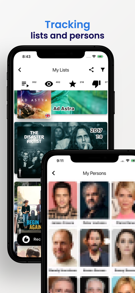 Interface of the What to Watch app showing movie watchlists and tracked actors