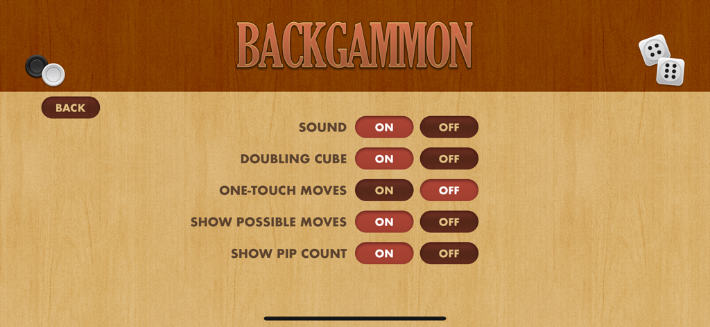 Settings screen of the Backgammon Pro app showing options for sound doubling cube and move highlights