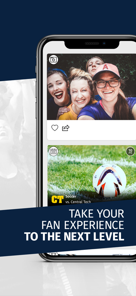 X-Pulse - A smartphone showing the X-Pulse fan loyalty app with sports event points and student photos