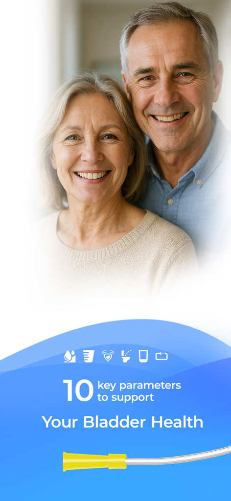 Nelaton: Self-Catheterization - A smiling senior couple on a screen promoting 10 key parameters for bladder health
