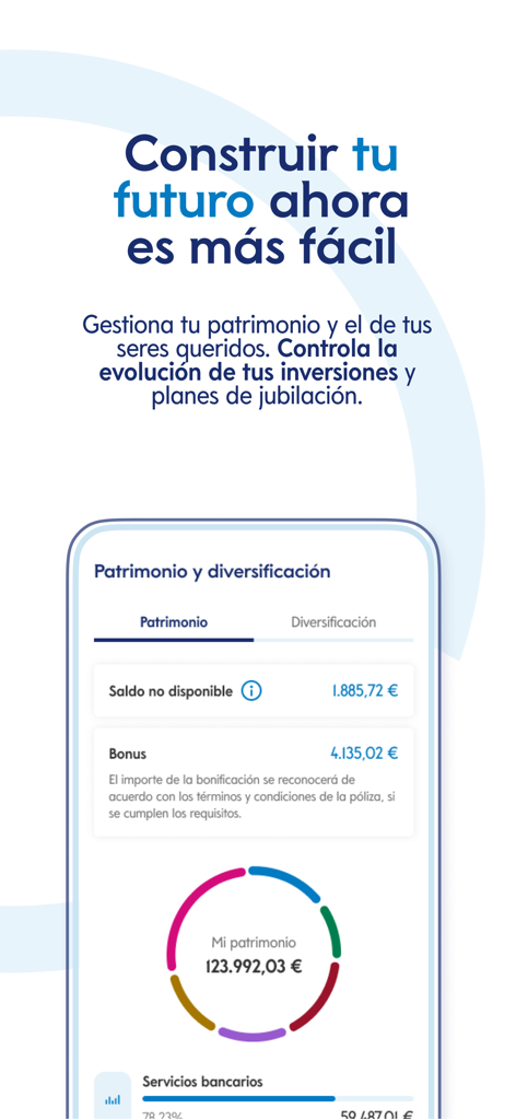 Banco Mediolanum España - Panel de control de la aplicación de Banco Mediolanum que muestra el resumen de patrimonio y el gráfico de diversificación de inversiones